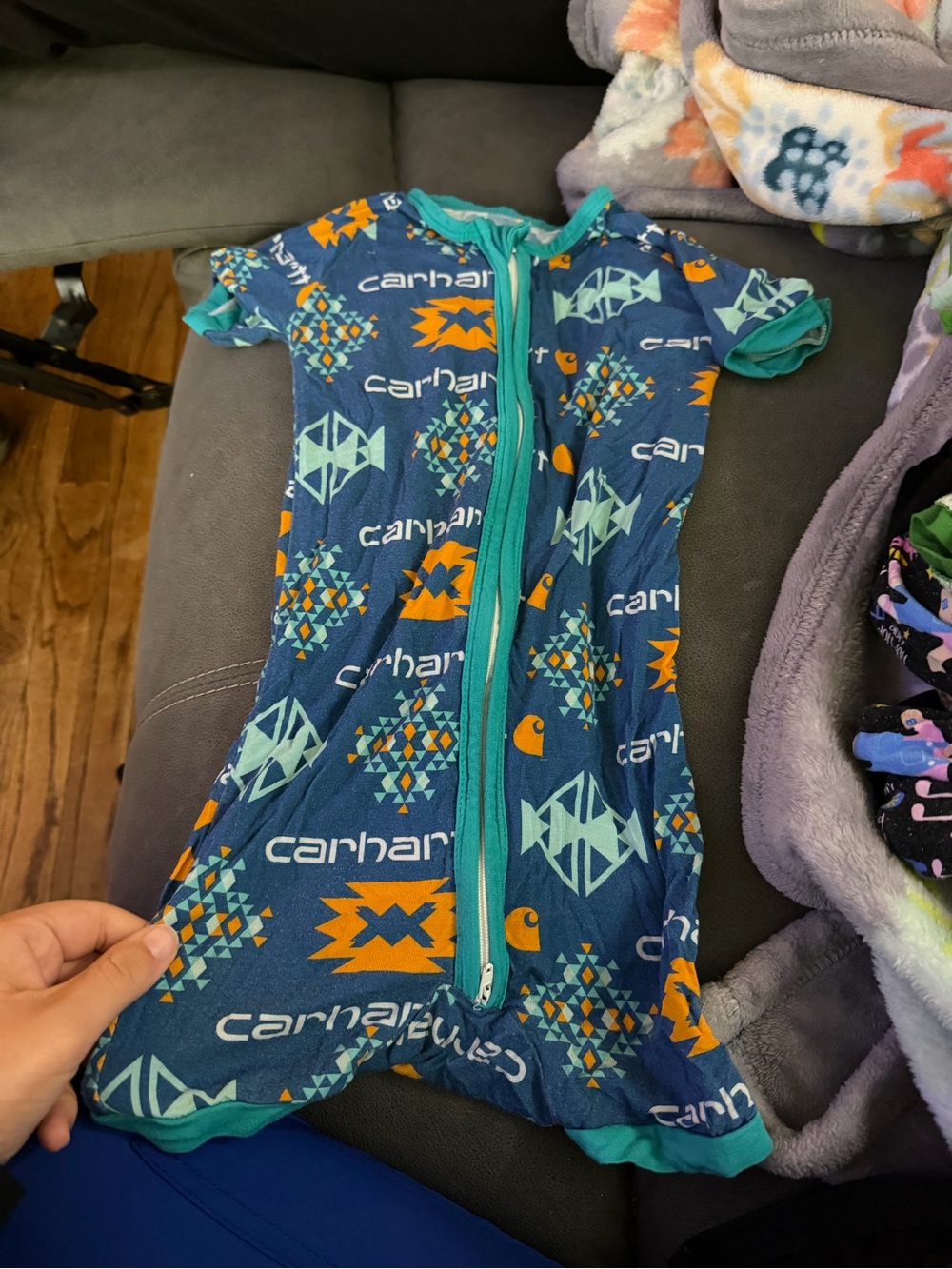 Carhartt Teal-Trim Navy Baby Zippered Romper with Orange Accents